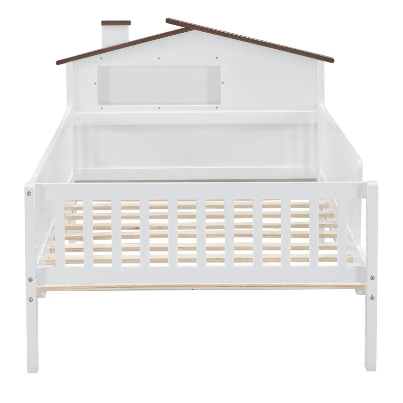 Twin Size Wood Platform Bed with House-shaped Headboard, LED Light, and Built-in Storage, White