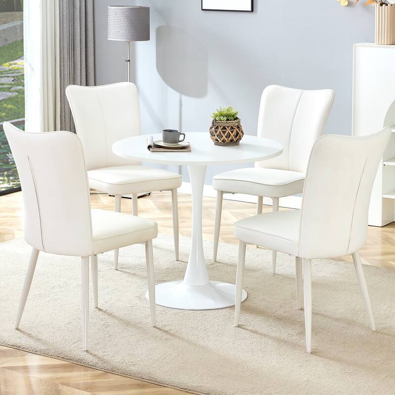 Roomfitters 5pcs Small Round Dining Table Set with Cream Style Chairs and Vertical Line Backrest Design, White