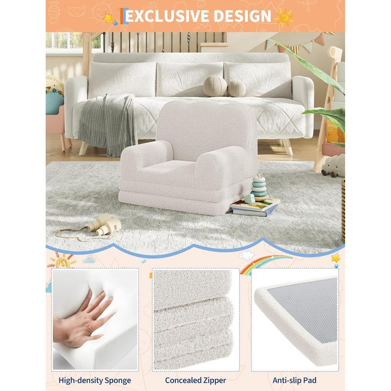 Kids Couch, 2-in-1 Convertible Teddy Fleece Fabric Toddler Sofa Chair