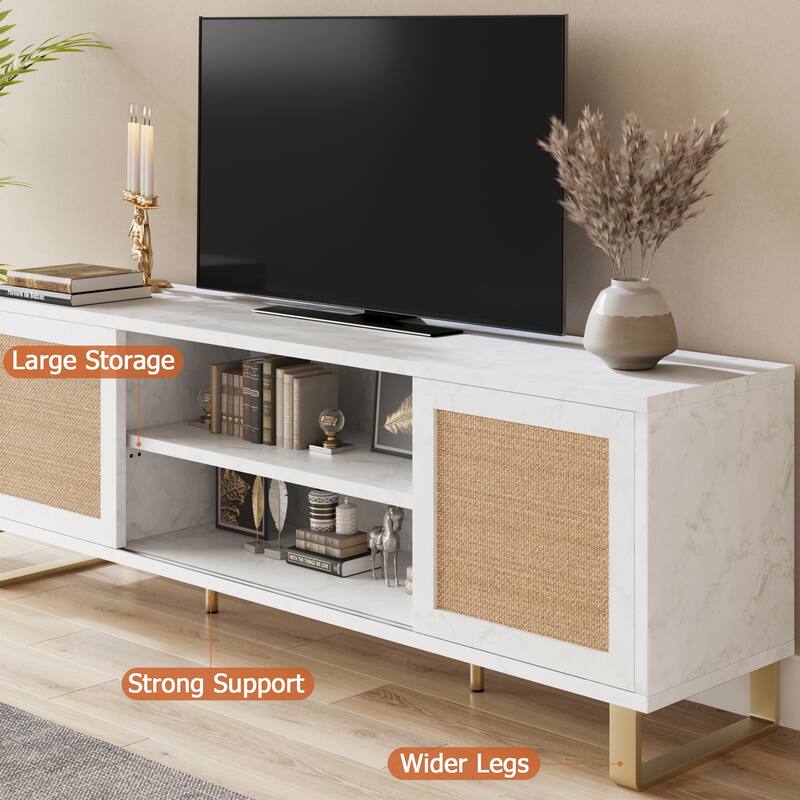 Ail TV Stand for 65 Inch TV Stand White Entertainment Center Modern TV Console Table Rattan Doors with Storage