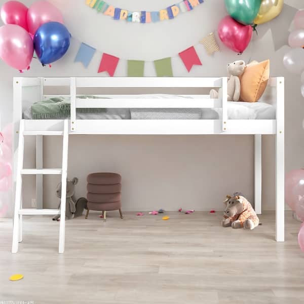 slide 2 of 12, Twin Size Wood Low Loft Bed with Ladder, ladder can be placed on the left or right White
