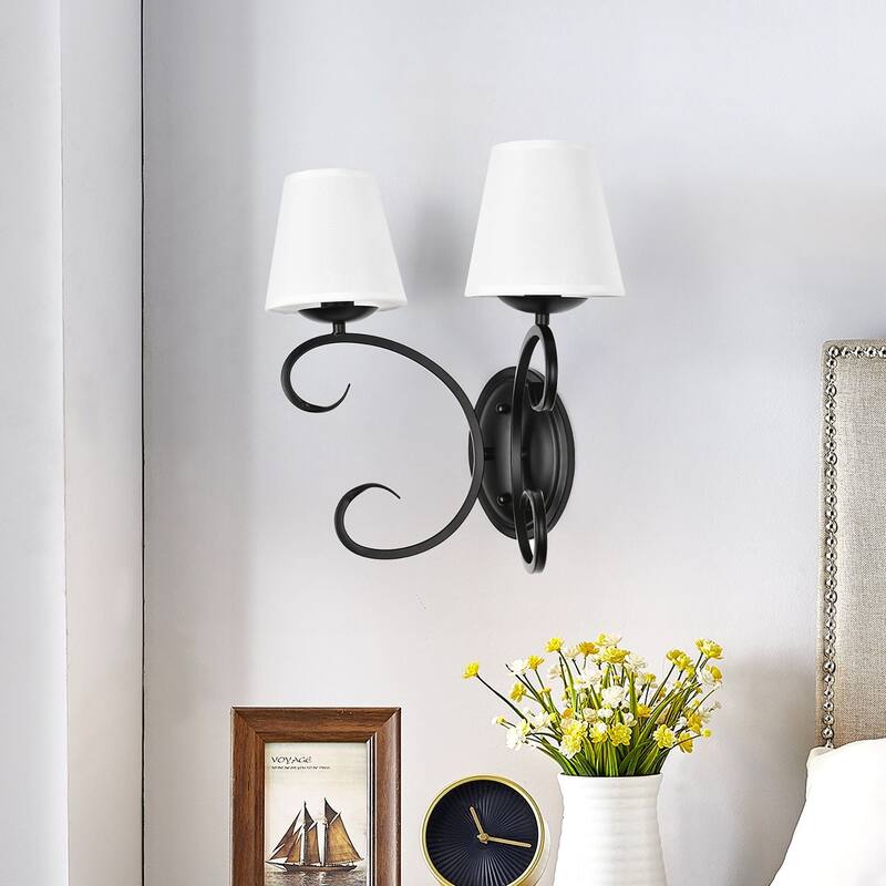 kirahee 2-Light Bedroom Wall Lamps Matte Black Finish Wall Lights with White Flax Fabric Shade - Matte Black
