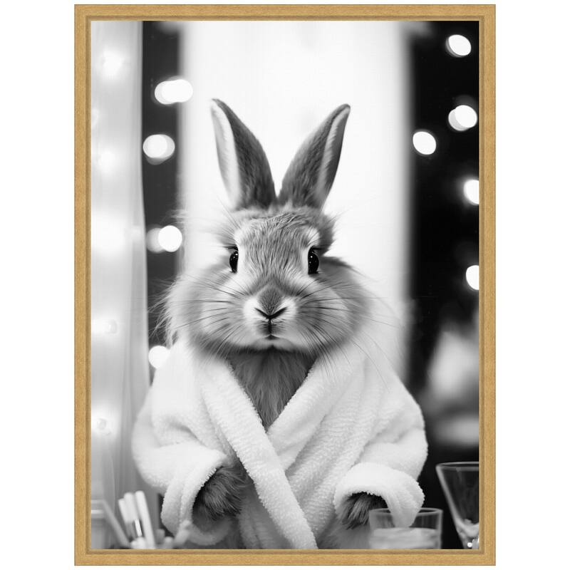 Kate and Laurel Sylvie Bunny Glam Bathroom Art Towel Robe Black and White Framed Canvas by The Creative Bunch Studio