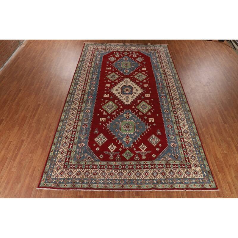 Red Geometric Kazak Oriental Large Area Rug Handmade Wool Carpet - 9'9" x 15'11"