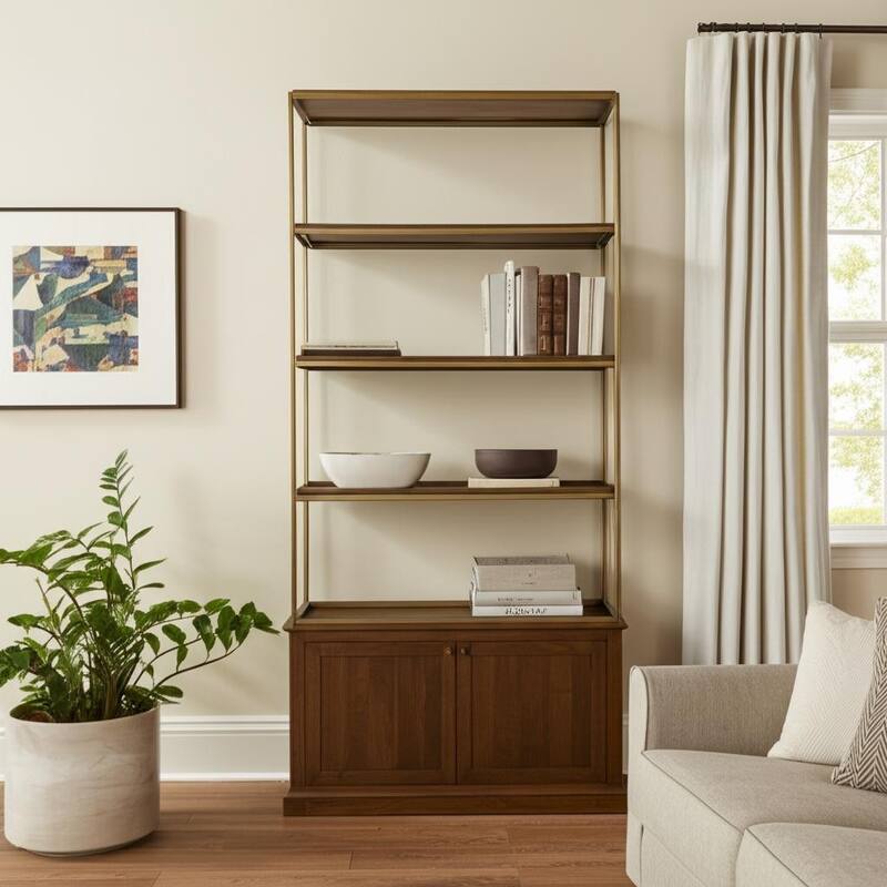 HomeRoots 42" Antiqued Brass And Brown Distressed Metal and Solid Wood Four Tier Bookcase with Two Doors - Brown