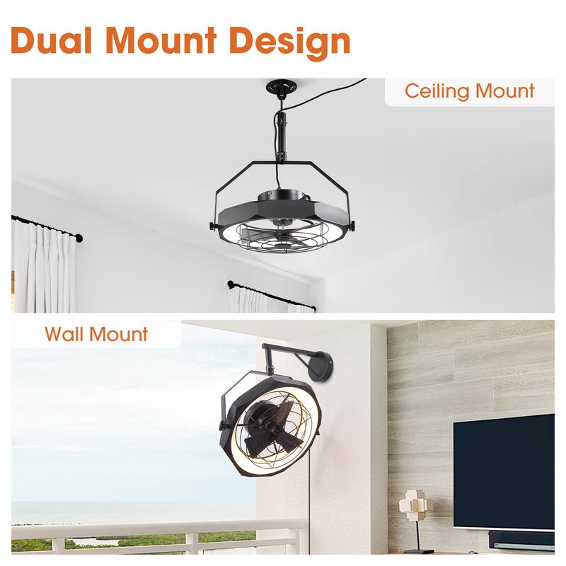 20" Industrial Black Integrated LED Caged Ceiling Fan Wall Mounted Fan with Light