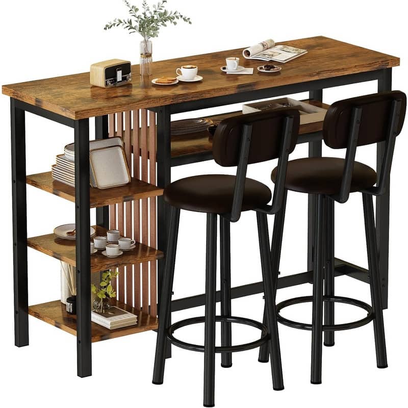 3-Piece Dining Room Table Set with 2 Upholstered Bar Stools, Modern Farmhouse Bar Table Set for 2 with Multiple Tier Shelves