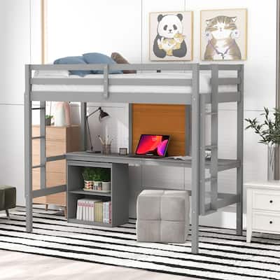 Gray Pine Wood Loft Bed with Desk and Cabinet, Writing Board, Full-Length Guardrail