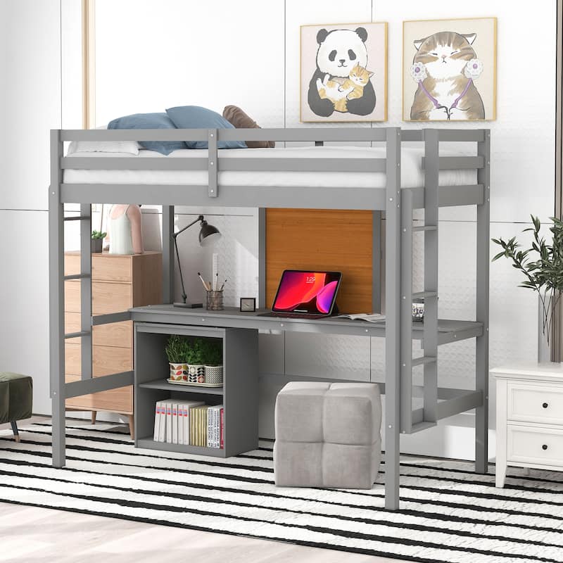 Wooden Twin Loft Bed with Desk - Gray