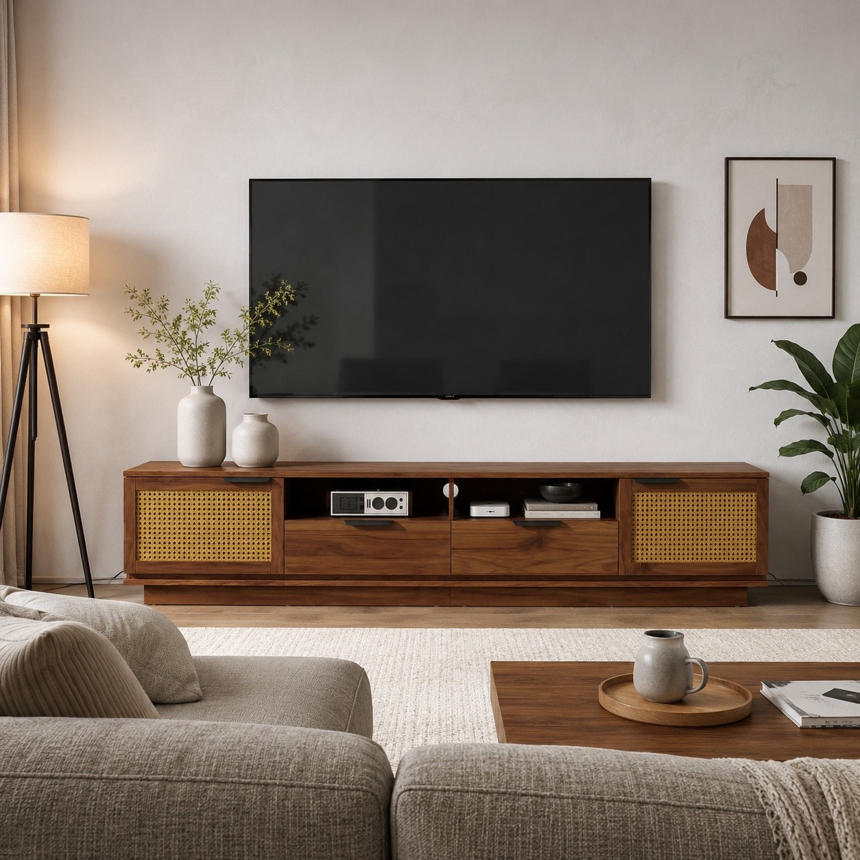 78 Inch TV Stand for TVs up to 85 Inch, Rattan Media Console with Drawers and Storage Cabinets