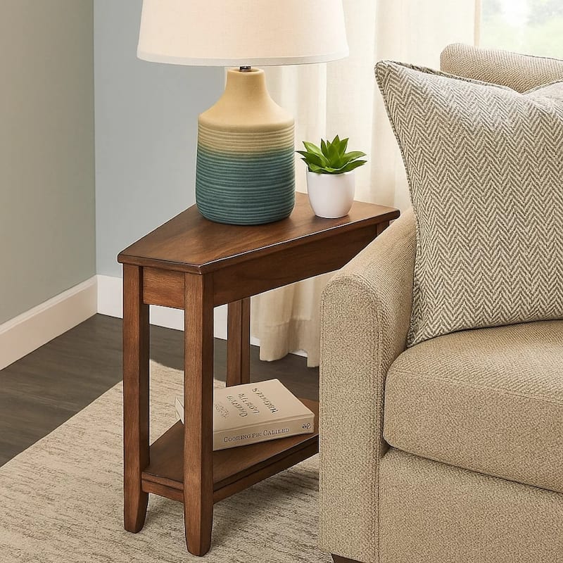 Yael Side End Table, 24 Inch Wedge Top with Open Shelf, Natural Brown
