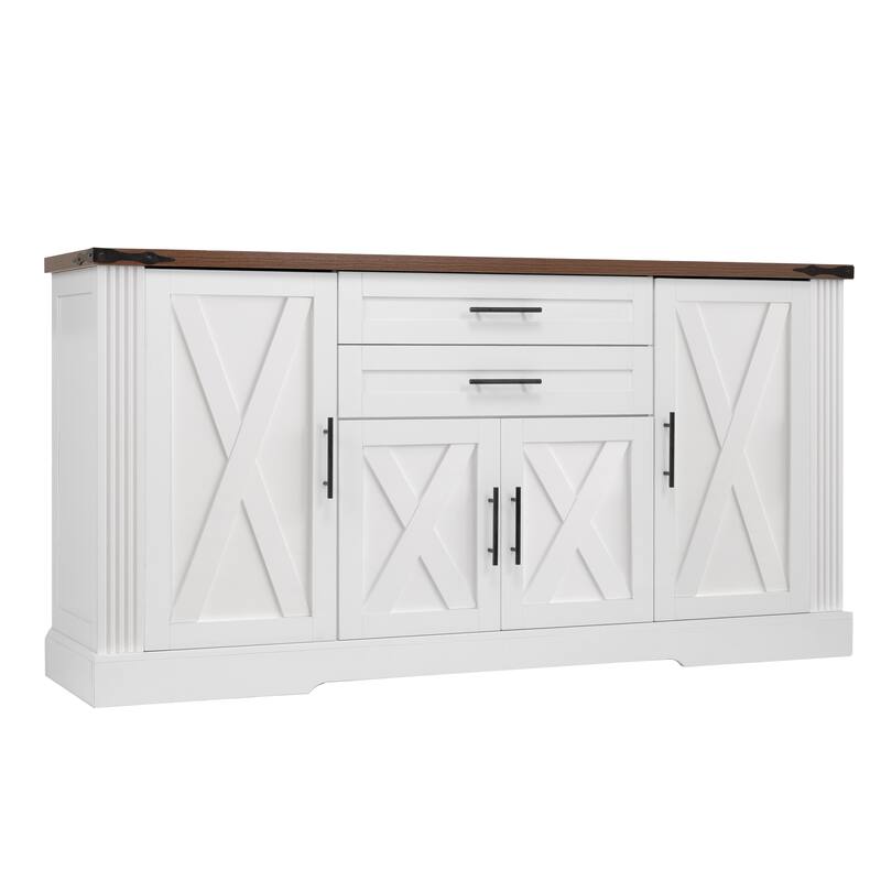 63"Farmhouse Barn Door Storage Cabinet with 2 Drawers & Door Rack, Large Buffet Bar Cabinets with Adjustable Shelves