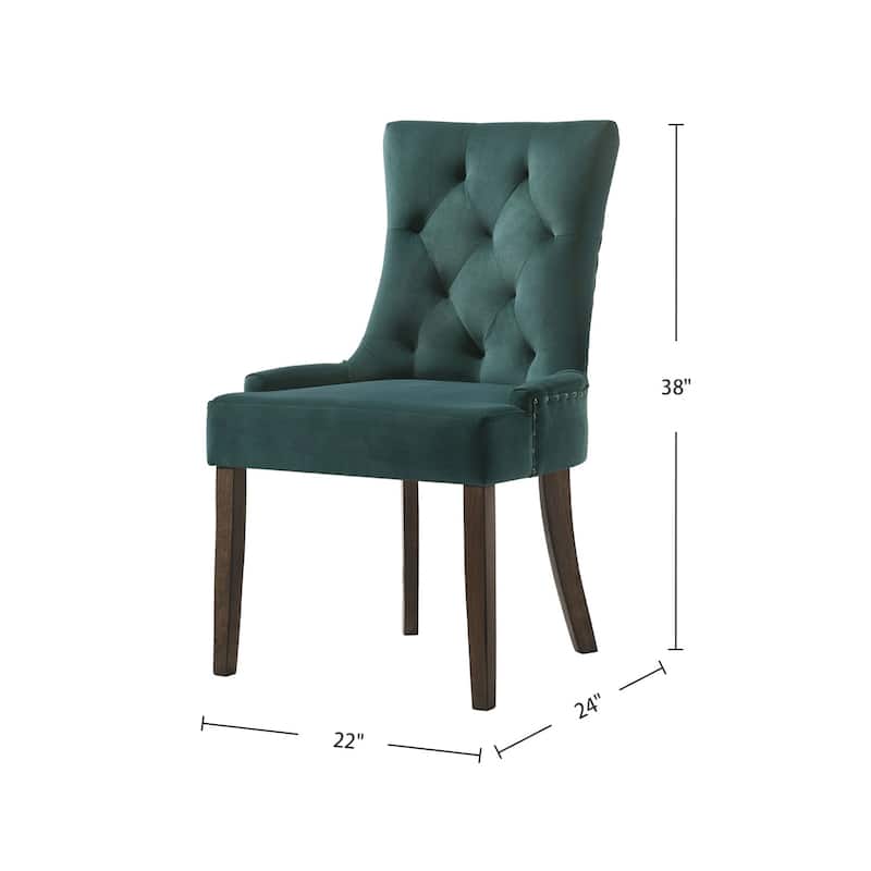 Set of 2 Velvet Upholstered Dining Chairs, Green and Weathered Oak