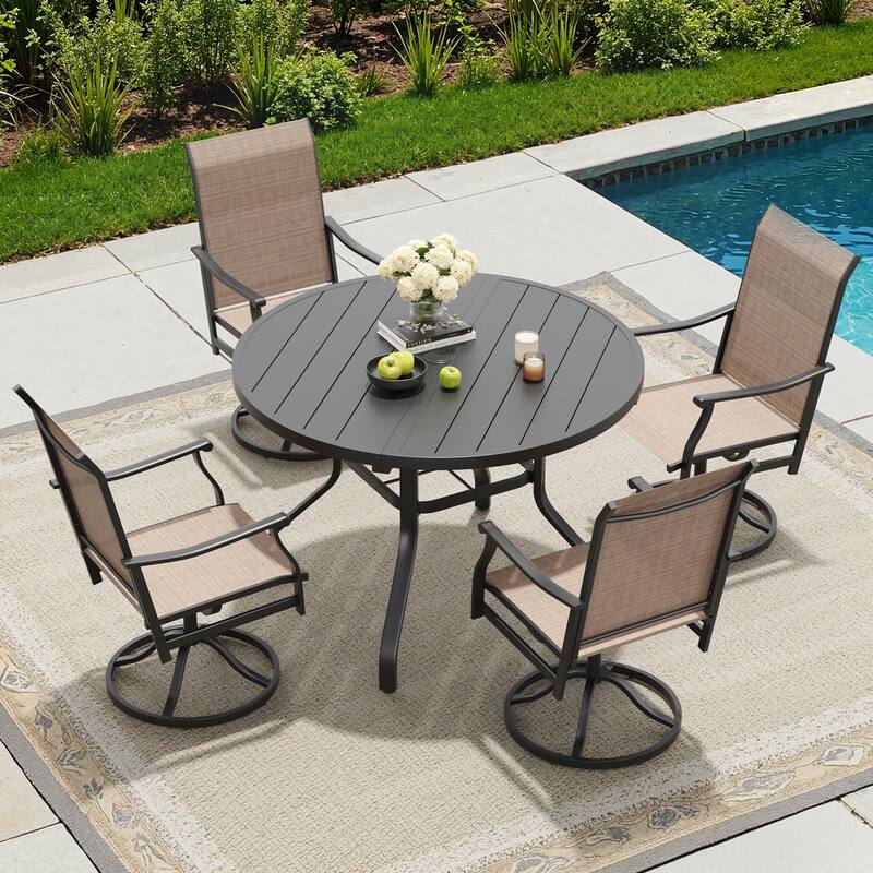 Round Outdoor Dining Table, 41" Round Patio Table Wood-Like Grain with 1.57" Umbrella Hole, Metal Outdoor Dining Tables