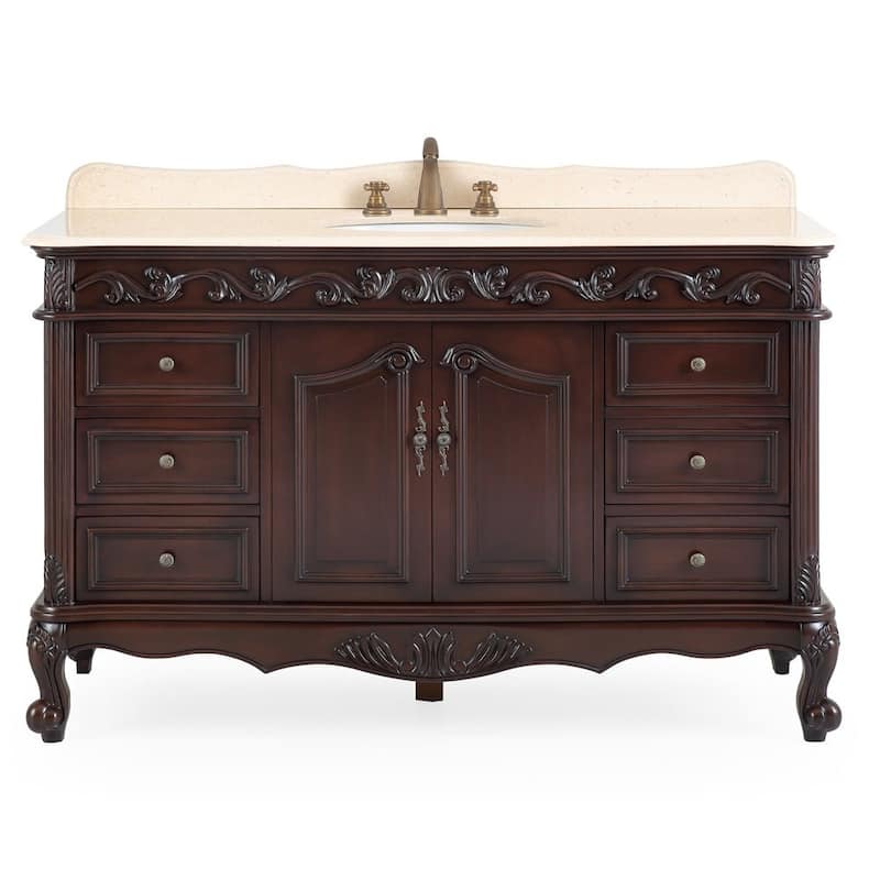 56 inch Traditional Style Cherry Brown Bathroom Sink Vanity With Cream Top - Brown - Antique