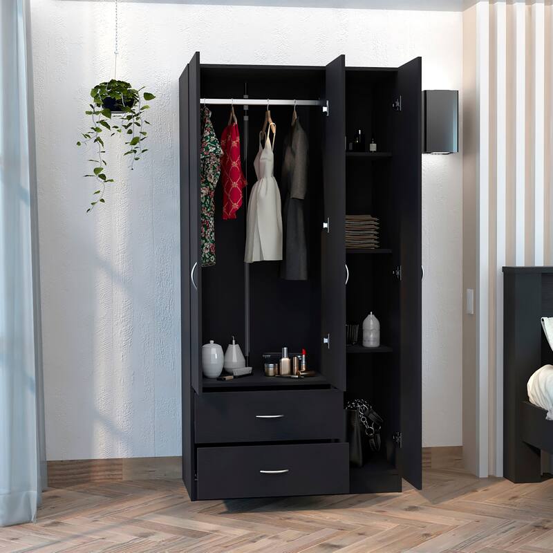 35.4" Modern Three-door Armoire with Two Drawers, Shelves and Hanging Rod