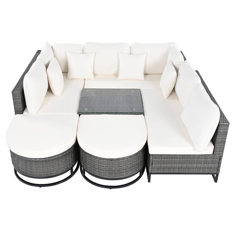 7 Pieces Large Size Outdoor Wicker Sofa Set, Outdoor Sectional Patio Sofa Set with 2 Coffee Table and Pillows for Garden