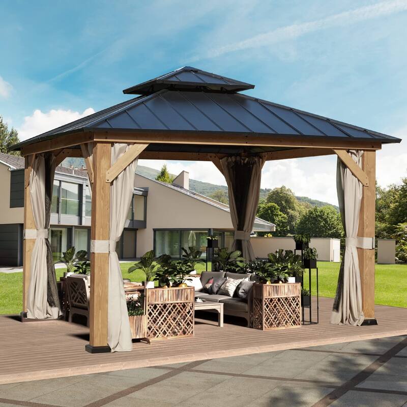 Hardtop Wood Gazebo for Patio, Outdoor Cedar/Spruce Pergola with Metal or Asphalt Roof, All-Weather Backyard Shelter