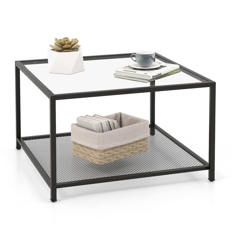 Costway Glass Coffee Table 27.5 Inch 2-Tier Square with Mesh Shelf - See Ddetails