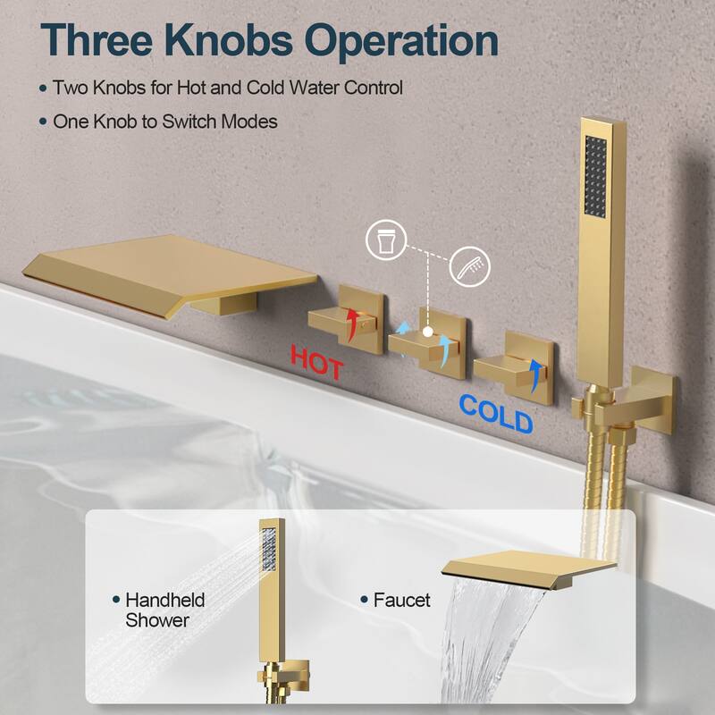 GRANDJOY Wall Mounted 3-Handle Tub Shower Faucet with Handheld Shower and Waterfall Tub Spout
