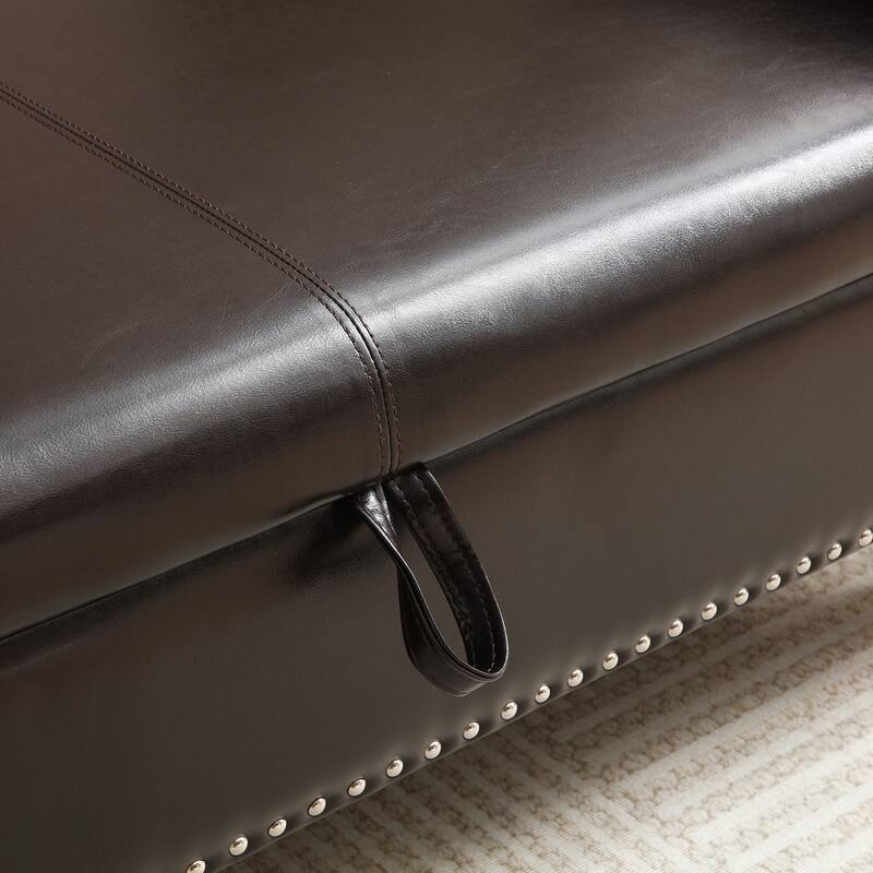 63" PU Upholstered End of Bed Bench Flip Top Entryway Ottoman with Safety Hinge Storage Rectangular Sofa Stool Buttons