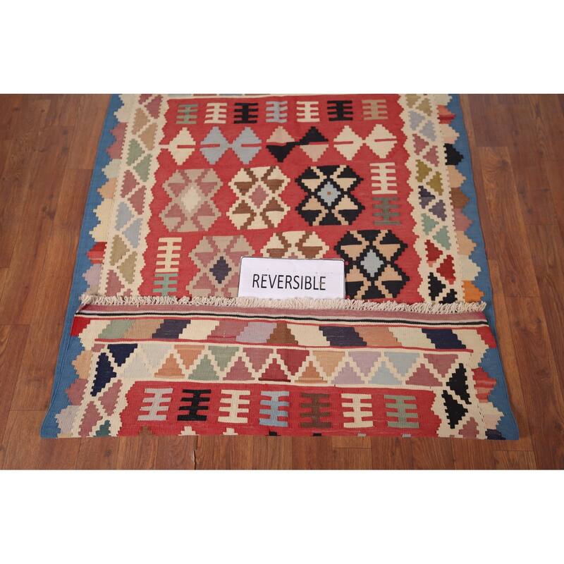 Geometric Kilim Qashqai Persian Vintage Rug Hand-Woven Wool Carpet - 3'4"x 4'10"