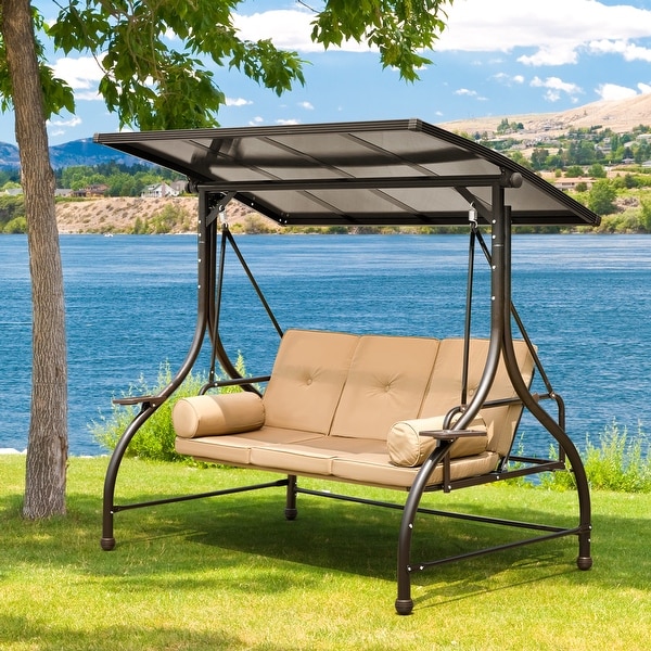 Outdoor Porch Swing 3 Seat with Adjustable Canopy Cup Holder Convertible Patio Glider with Thick Cushions Pillow On Sale Bed Bath Beyond 37372226