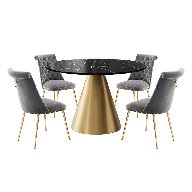 48" Marble Top Metal Dining Table with Velvet Dining Chair Set