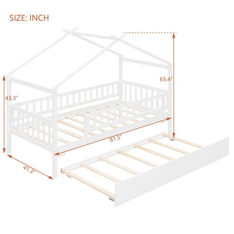 Montessori Bed House Bed with Trundle Bed and Headboard, Wood Daybed Platform Bed Frame No Box Spring Needed for Boys Girls