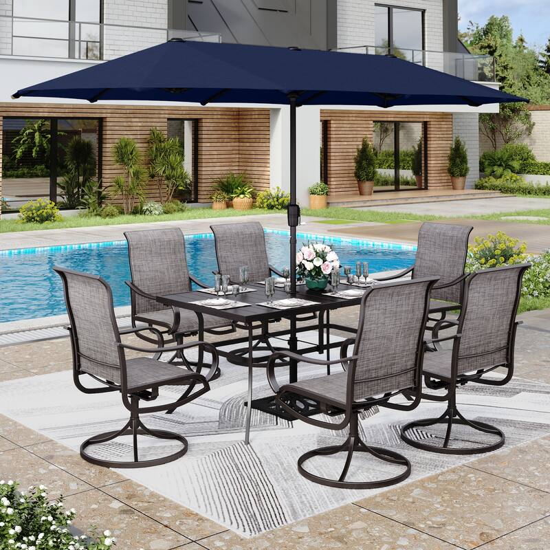 MAISON ARTS 8 PCS Patio Dining Set with 13ft Patio Umbrella - Taupe Non-Padded Chair w/ Navy Umbrella