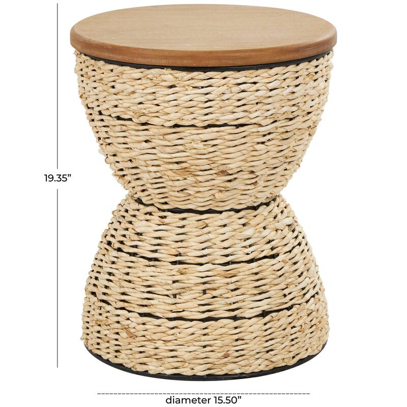 Light Brown or Brown Rattan Handmade Woven Side End Accent Table with Wood Tabletop and Black Frame