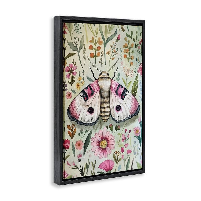 Stupell Moth over Floral Herbs Framed Floater Canvas Wall Art Design By The Dutch Lady