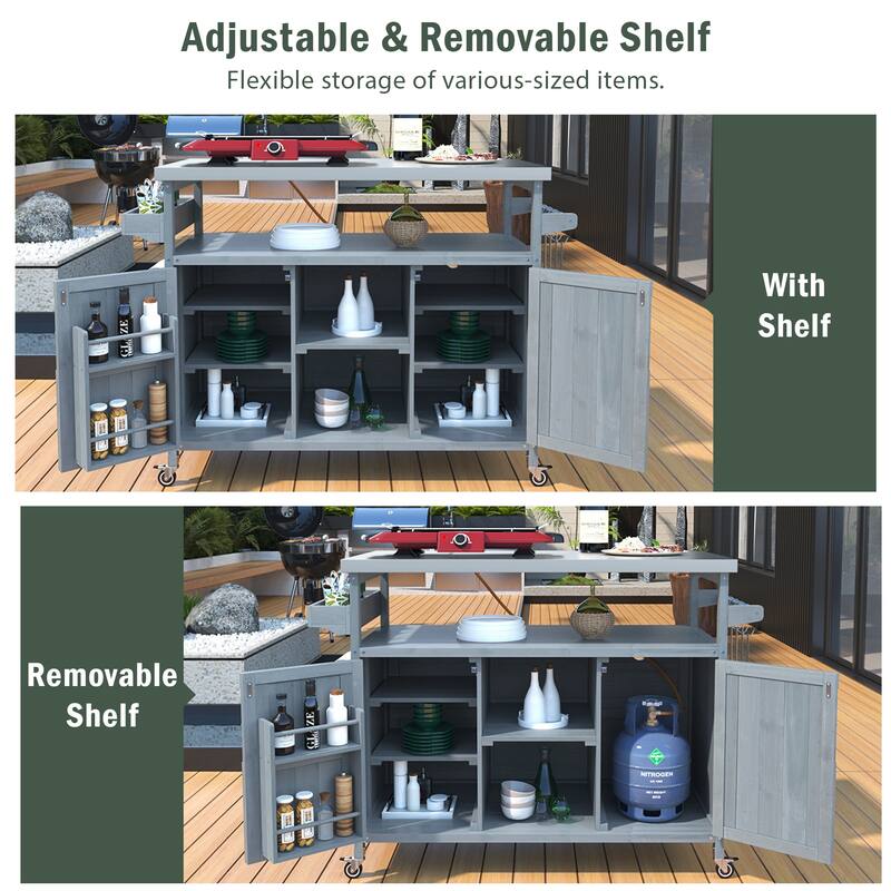 Kitchen Island, Rolling Bar Cart & Storage Cabinet, Farmhouse Solid Wood Outdoor Grill Table