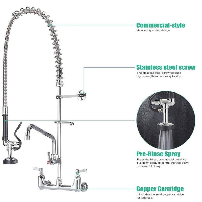 Commercial Wall Mount Kitchen Faucets Pre-Rinse Sprayer, 12 In Swivel Spout