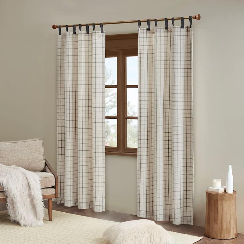 Plaid Faux Leather Tab Top Curtain Panel with Fleece Lining