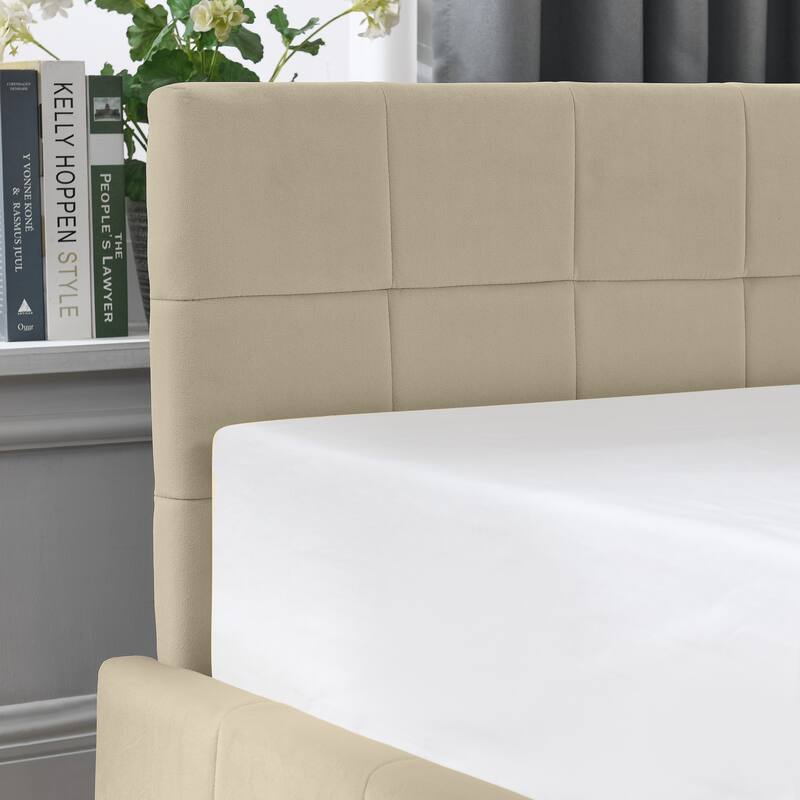 Full Size Velvet Upholstered Tufted Bed Frame with Storage and Comfortable Backrest, Beige