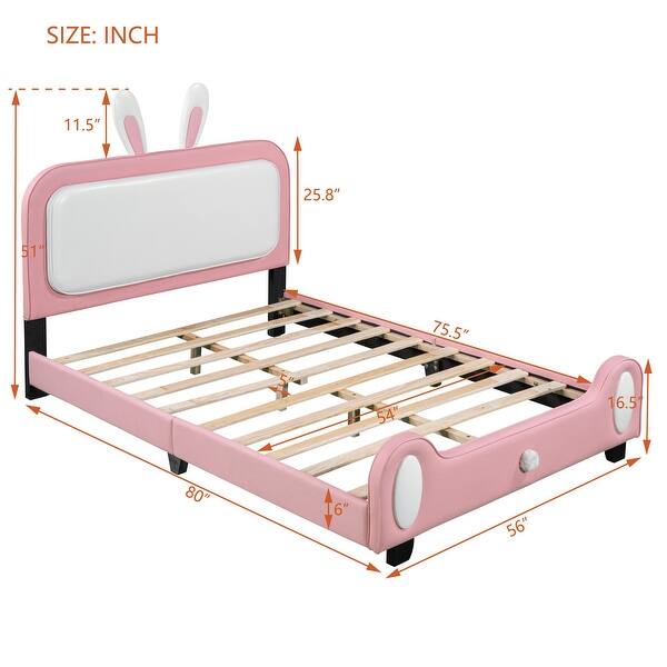 Full size Upholstered Rabbit-Shape Princess Bed,Full Size Platform Bed with Headboard and Footboard,White+Pink