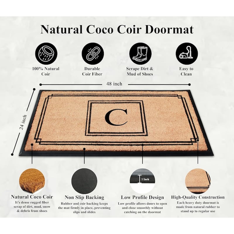 A1HC Natural Coir and Rubber Monogrammed Front Porch Entry Doormat 24"X48" Black/Beige