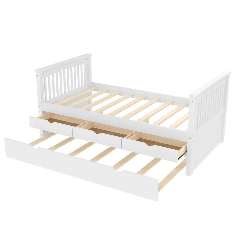 Twin Platform Bed with Drawers and Trundle, Solid Wood Daybed, No Spring Box Needed