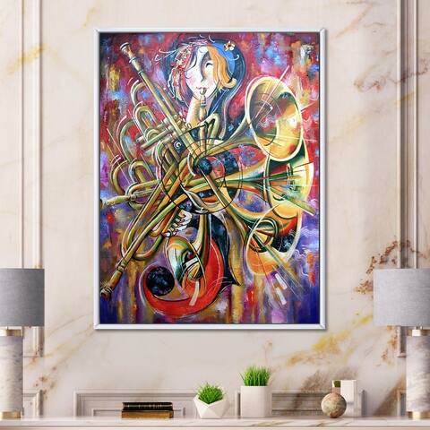 Designart "Abstract Multicolored Music Impression" Bohemian & Eclectic Framed Canvas Wall Art Print