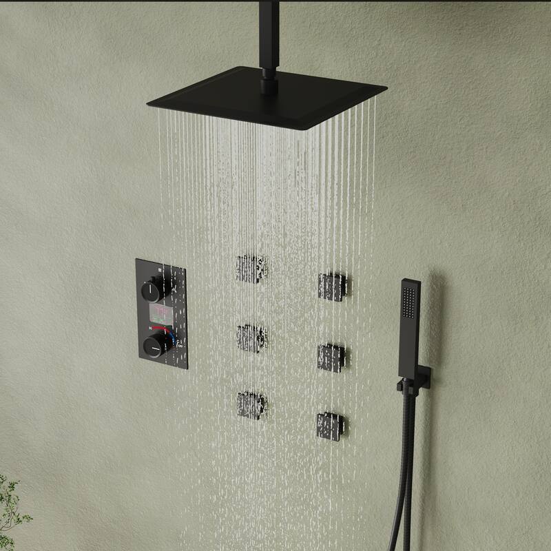 LCD Temperature Display 12" High-Pressure Shower System With Pressure Balancing Diverter Valve - 12-Inch