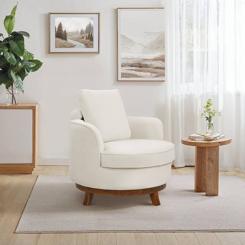 Modern Chenille Wooden Swivel Barrel Chair Upholstered Ergonomic Design - Beige