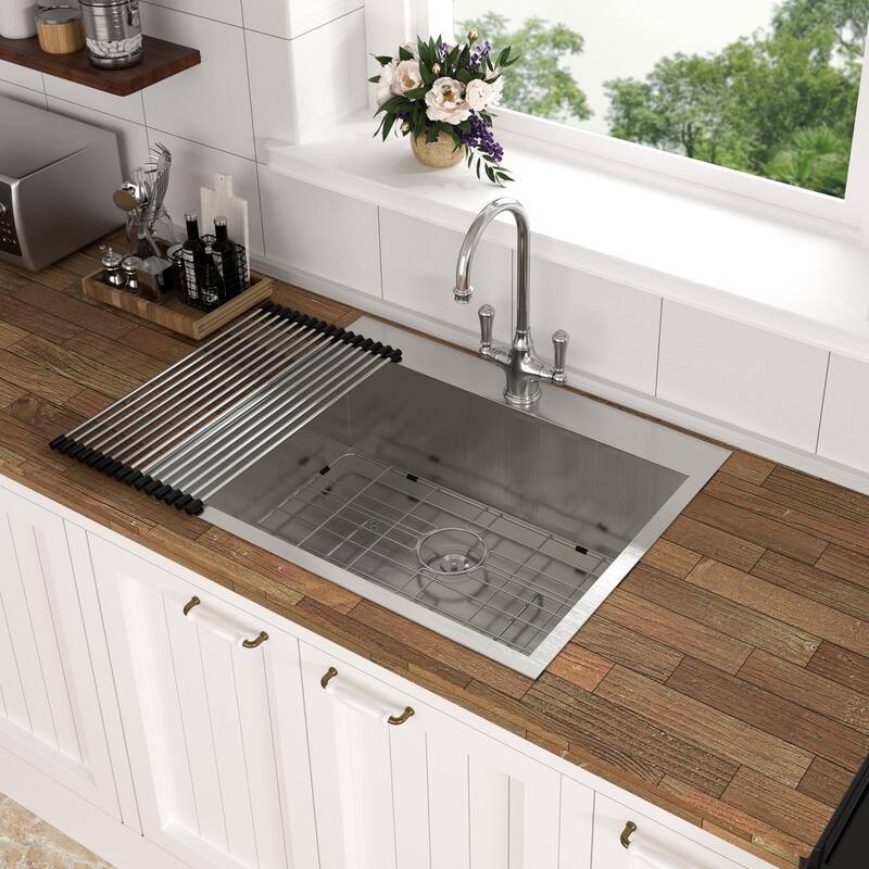 Drop-In 16 Gauge Single Bowl Stainless Steel Kitchen Sink in Brushed Nickel - 28'' x 22'' x 9''