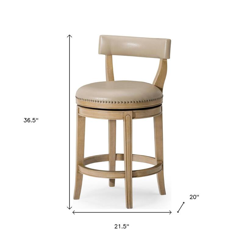 HomeRoots 26" Beige and Natural Faux Leather and Solid Wood Low Back Counter Height Swivel Bar Chair