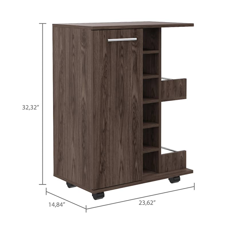 Bar Cart, Two External Shelves, Four Casters, Six Built-in Wine Rack, Single Door Cabinet -Dark Walnut