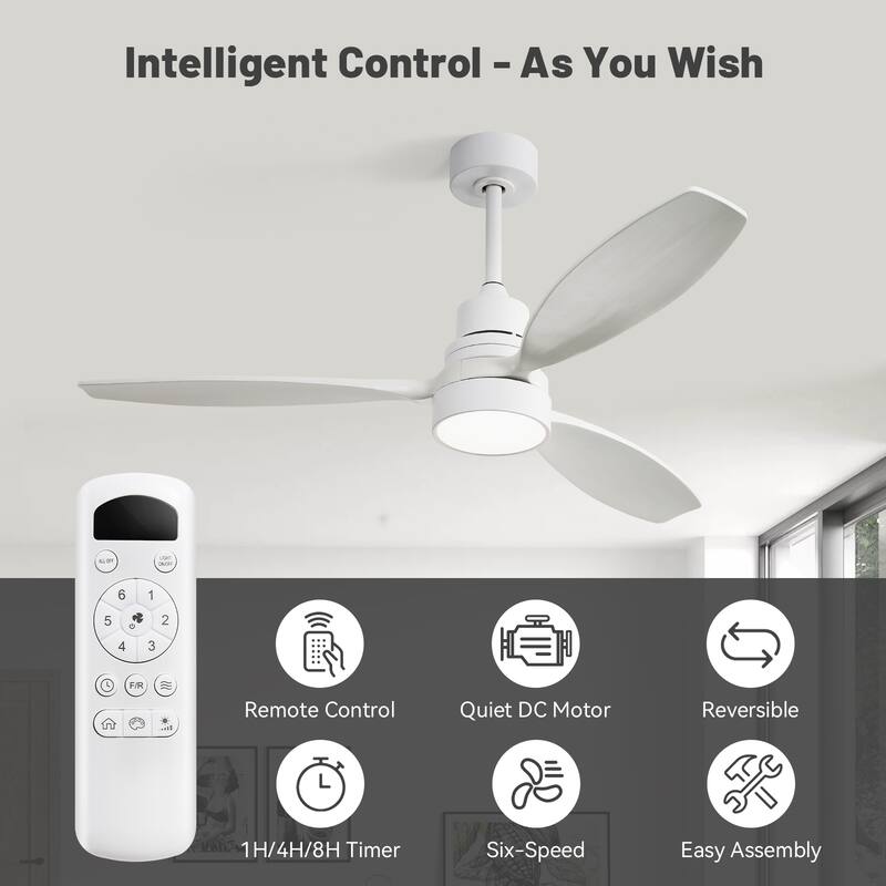 Sofucor 52" Indoor Wood Ceiling Fan Light with Remote, Integrated Light Optional - 52K076 with Integrated Light - White with White Wood