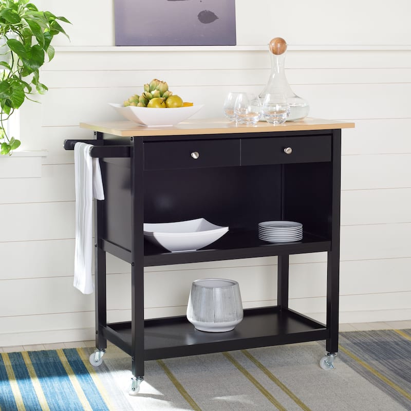 SAFAVIEH Daley 1-Drawer 2-Shelf Kitchen Bar Cart with Wheels - 39" W x 17.7" L x 36.2" H - Natural/Matte Black