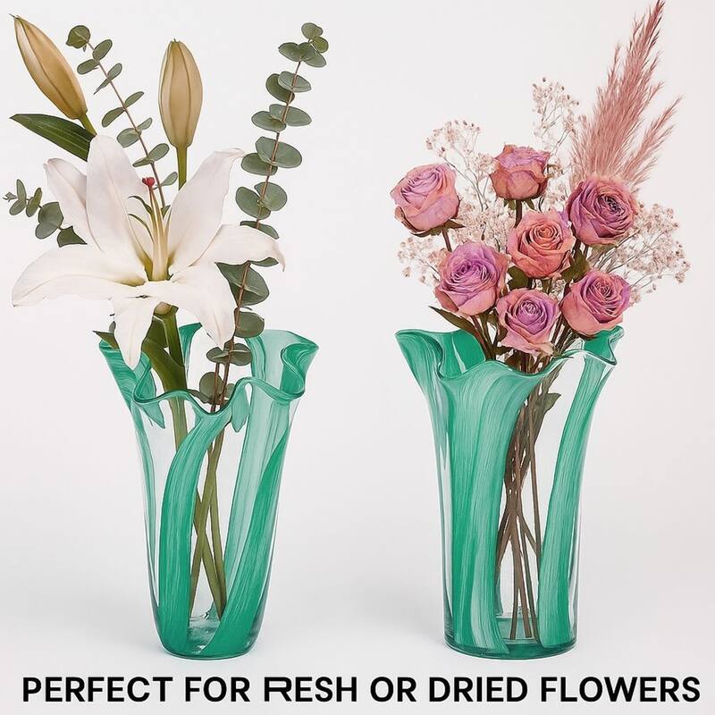 Green Set of 2 Striped Handblown Glass Vases with Broad Rim and Ruffle