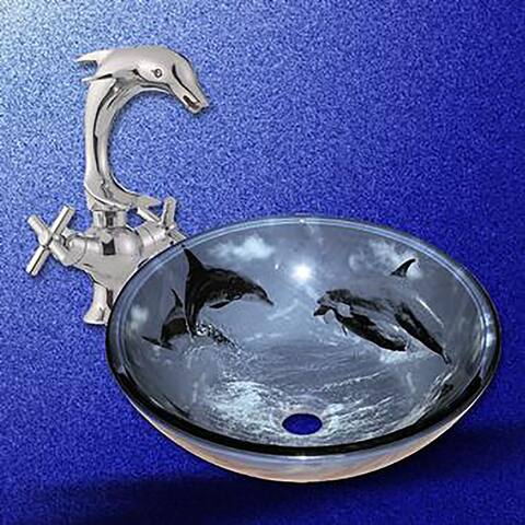 Blue Dolphin Tempered Glass Countertop Vessel Sink 16.5" Round Glass Bowl Heat Resistant with Drain and Faucet Renovators Supply