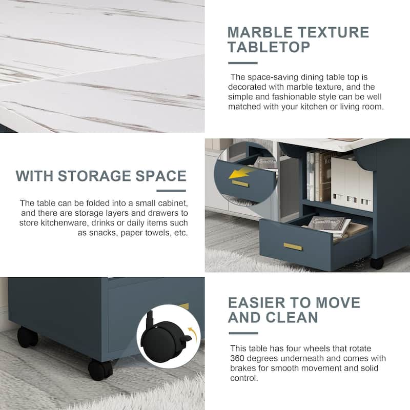 Roomfitters Folding Dining Table with Wheels, Space Saving Drop Leaf Kitchen Console with Storage, White